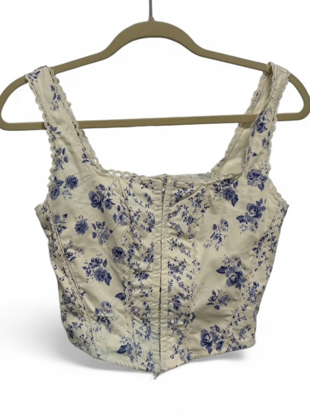 Altar’d State Floral Square Neck Cropped Corset Style Tank Top - Blue on Cream